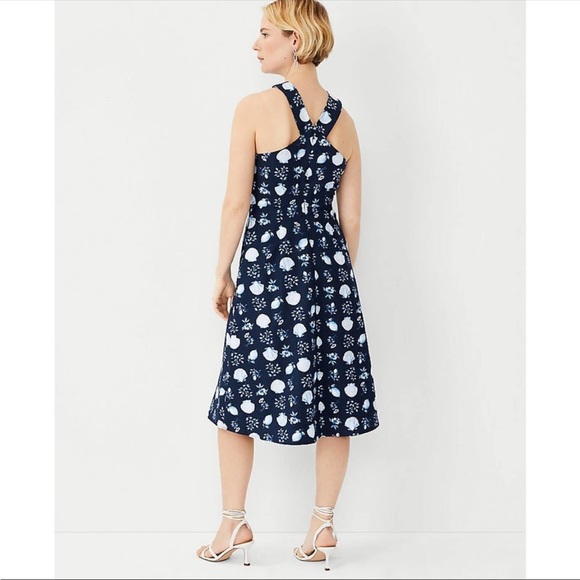 Ann Taylor NWT Navy Blue Seashell Print Halter Midi Flared Dress Linen Size 6 - Picture 2 of 12